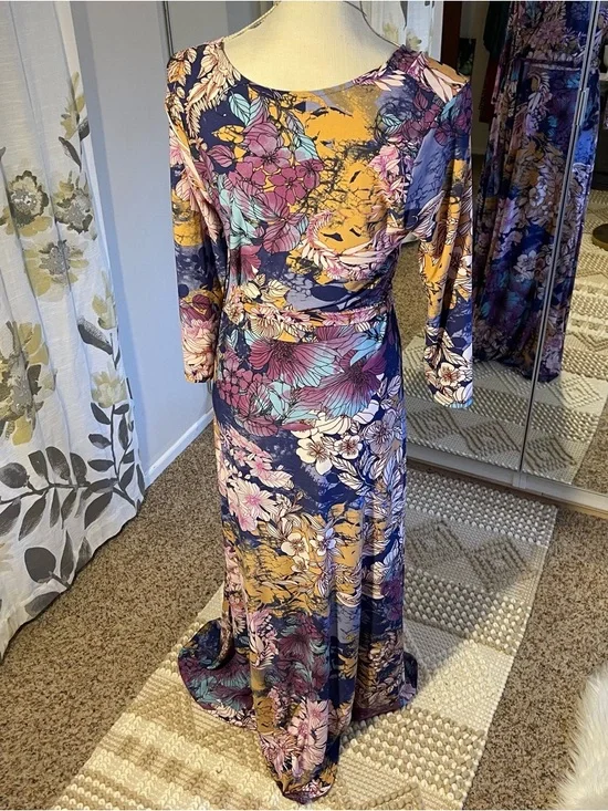 Floral Wrap Maxi Dress in Purple Navy and Mustard - Picture 4 of 7